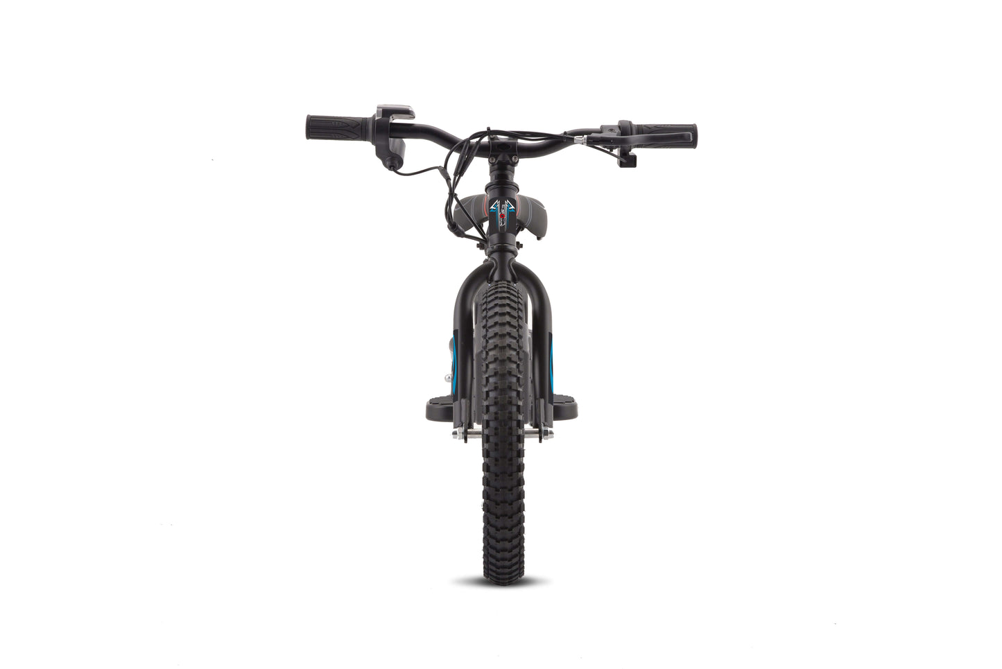 Front view of the Kids Electric Balance Bike 16″ 250W showcasing handlebars and wheel design.