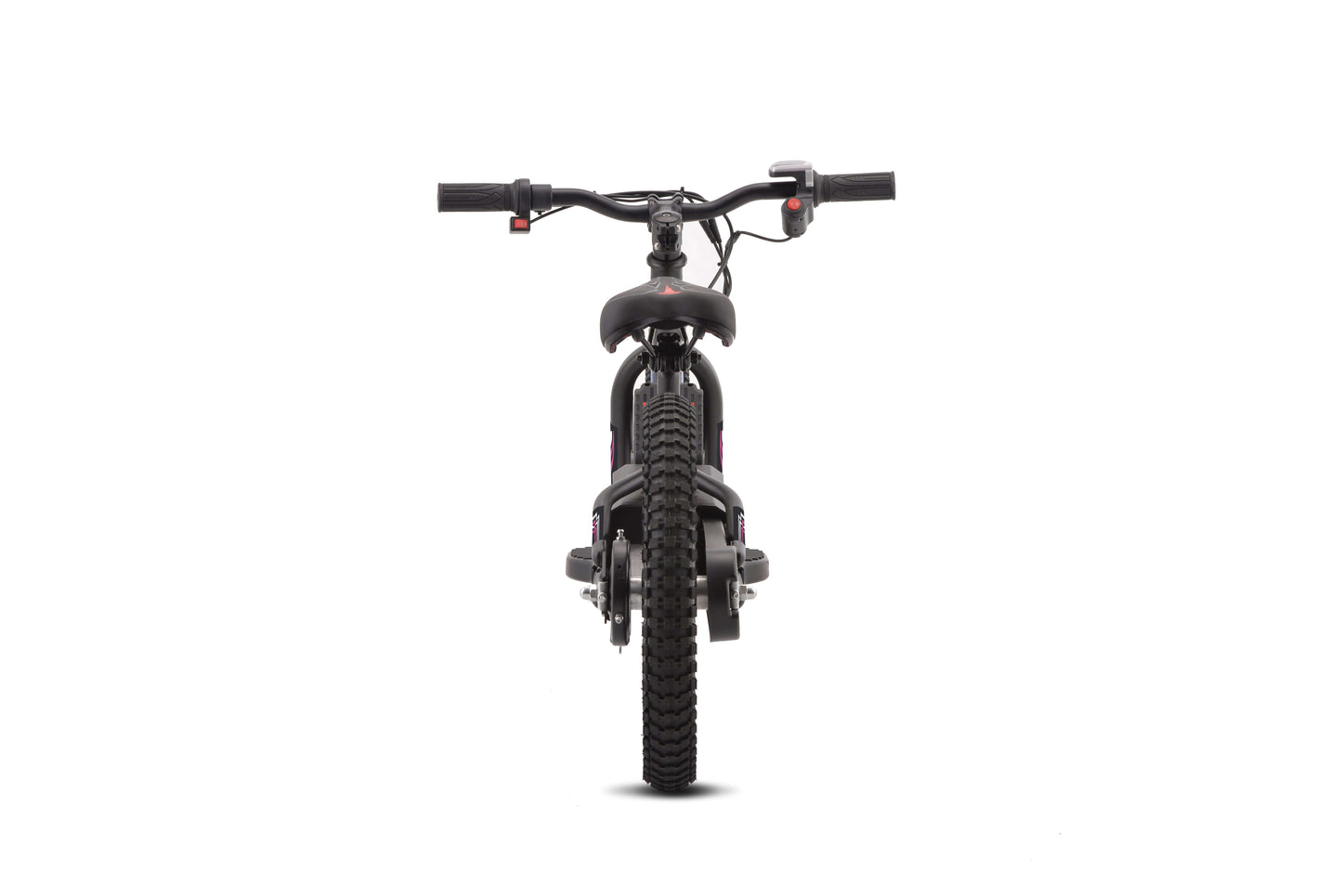 front view of kids electric balance bike 16" with 250W power and rugged design for young riders.