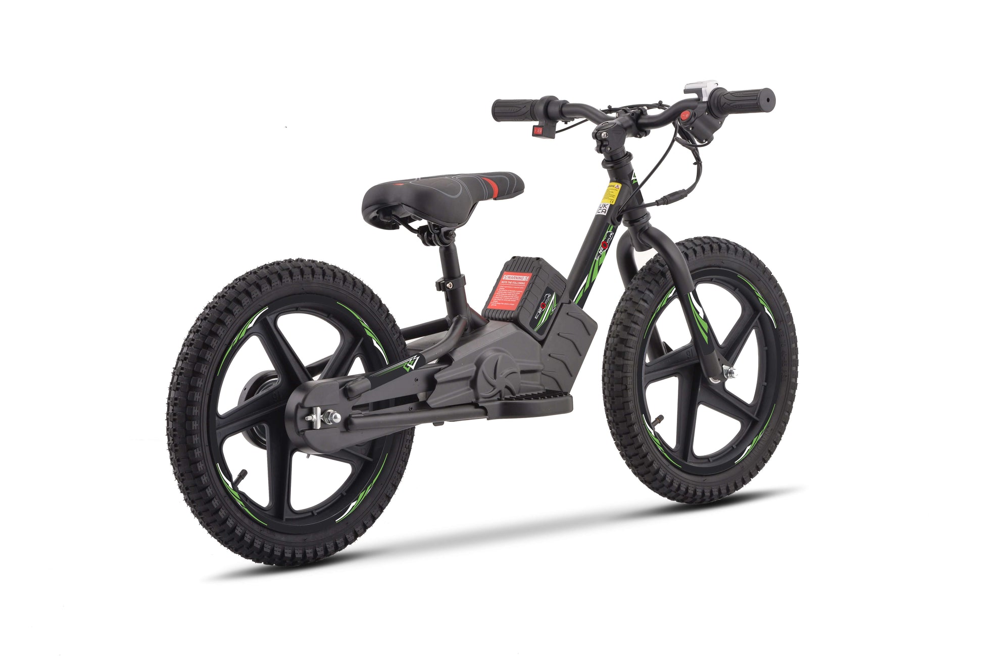Kids electric balance bike 16″ with 250W motor, featuring robust design and removable lithium-ion battery for young riders.