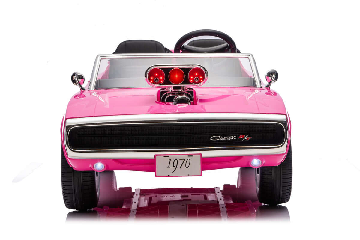 Dodge Charger kids ride on car 24v in pink with stylish front view and detailed headlights.