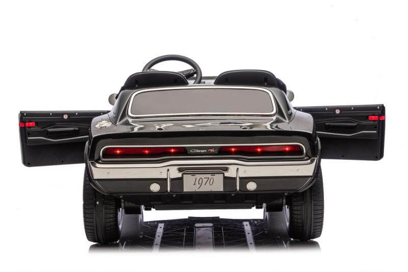 Dodge Charger kids ride on car 24v, rear view with doors open, sleek black design and classic muscle car features.
