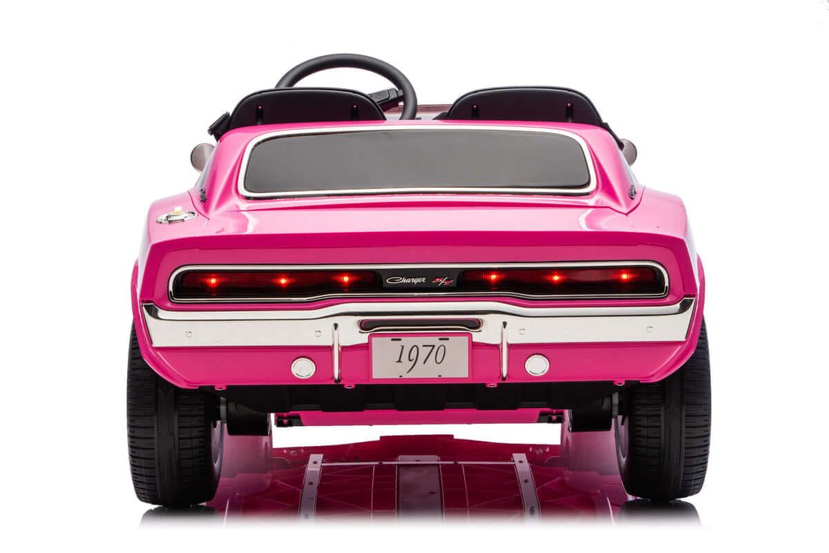 Dodge Charger kids ride on car 24v in pink with stylish taillights and 1970 license plate.