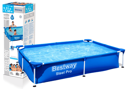 Bestway 56401 Steel pro swimming pool (221x150x43cm) displayed with box and water inside, perfect for summer fun.