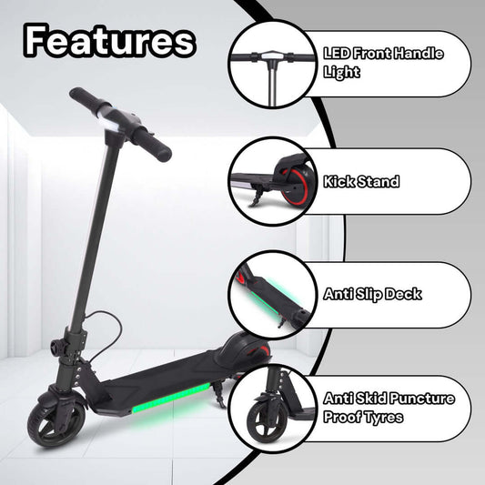kids pro electric scooter with LED lights 150w features LED front handle light, kick stand, anti slip deck, and puncture proof tyres.