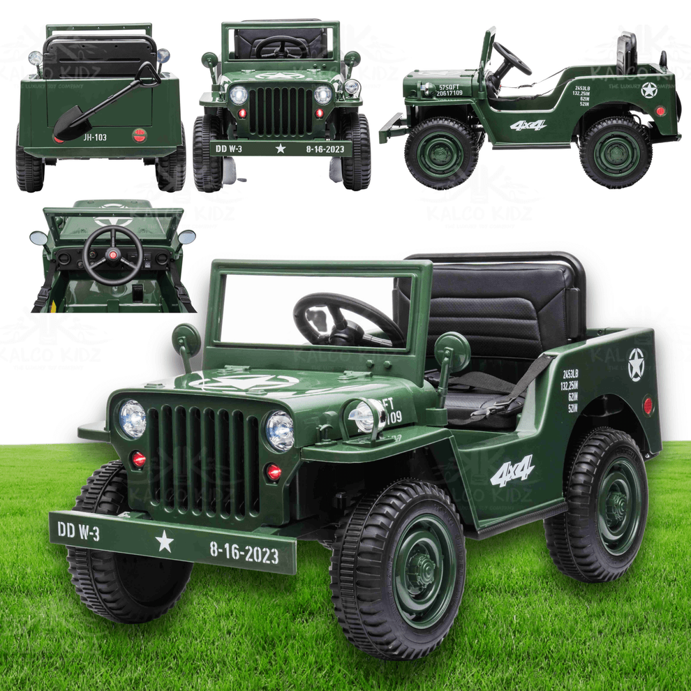 kids ride on army jeep 12v featuring classic military design in dark green with modern safety features.