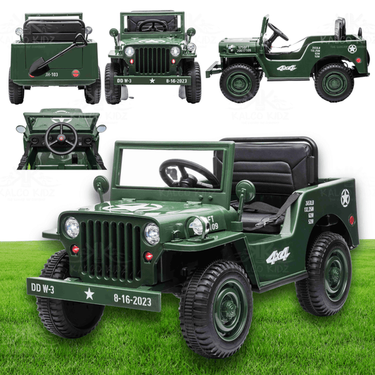 kids ride on army jeep 12v featuring classic military design in dark green with modern safety features.