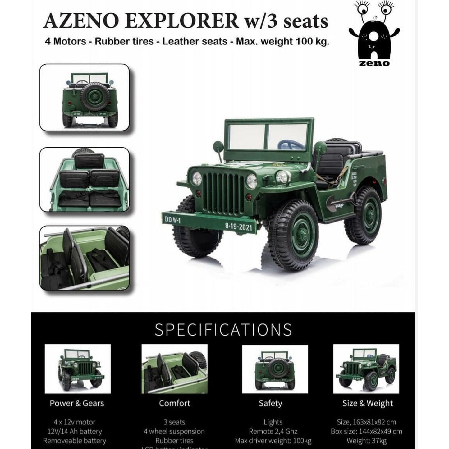 4x4 Explorer 3 Seater Willys Style Jeep Kids Ride On