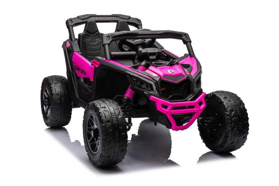 Can Am 24v kids ride on buggy mini in pink with rugged tires and a sleek design, perfect for kids' outdoor fun.