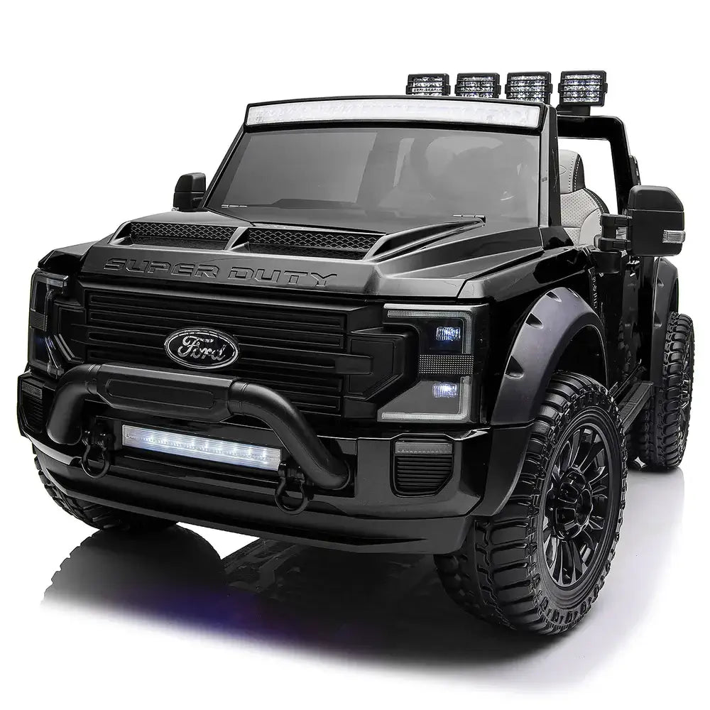 Kids ride-on Ford Super Duty truck in black with LED lights and rugged tires, designed for safe and fun driving adventures.