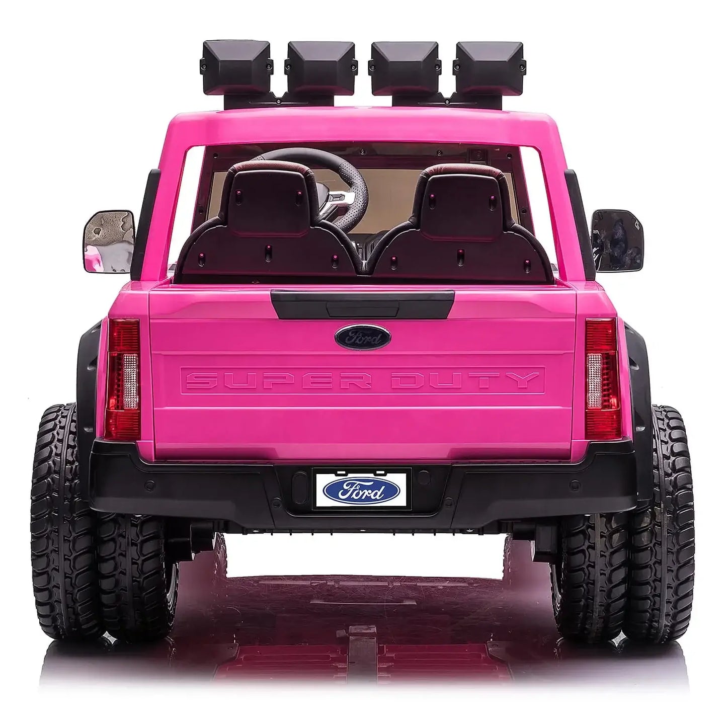 Kids ride-on Ford Super Duty truck in pink, featuring spacious seats and off-road lights for fun adventures.