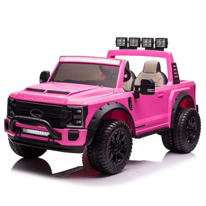 Kids ride-on Ford Super Duty truck in pink with two seats and LED lights, perfect for fun outdoor adventures.