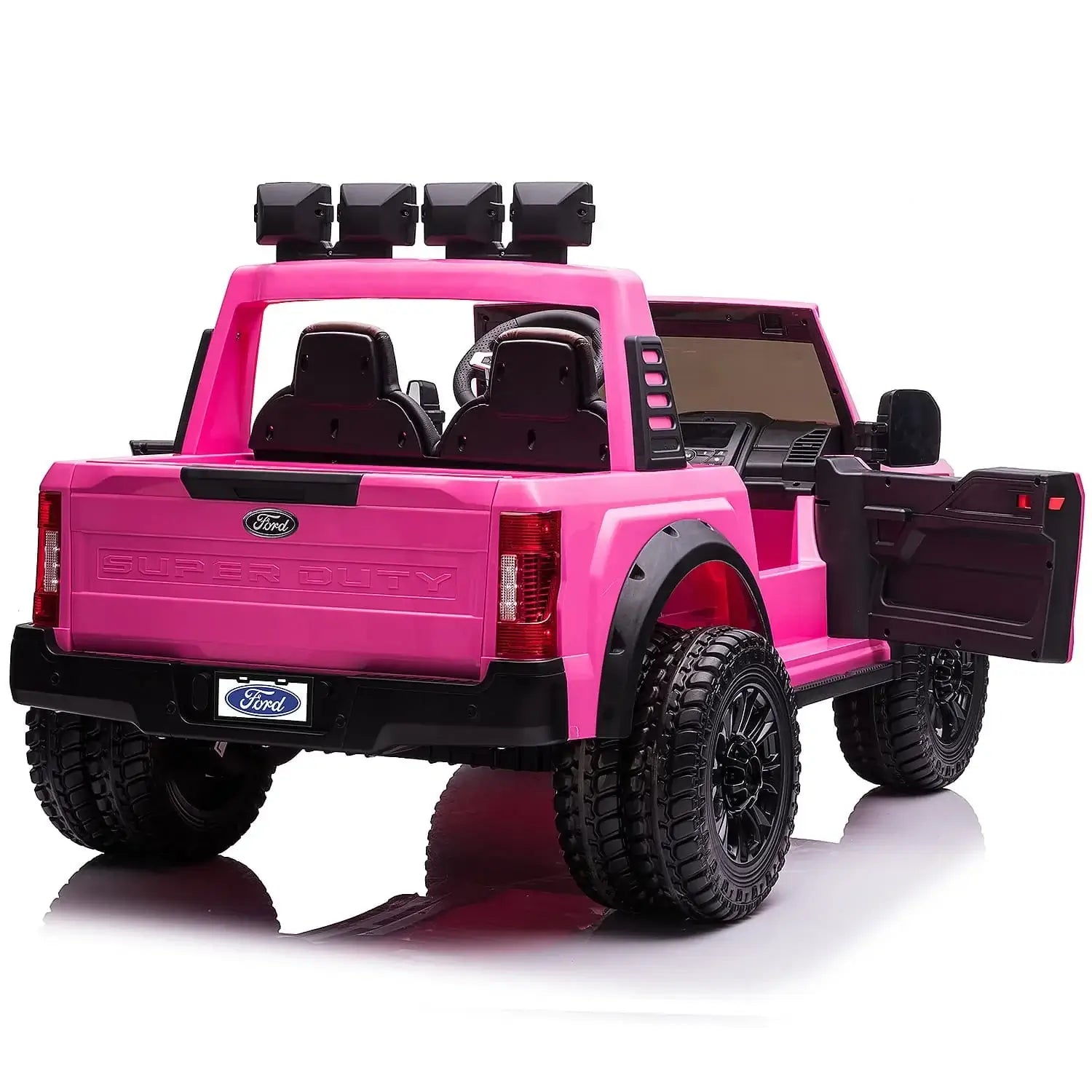 Pink Kids Ride-On Ford Super Duty Truck with Remote, spacious seating, and safety seat belts for fun rides.