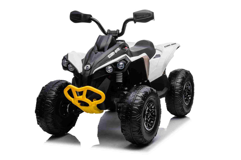24V kids electric ride on ATV Maverick Can Am Quad in black and white with yellow details and large tires.