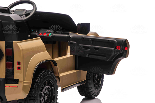 Interior view of 24v kids ride on Land Rover Defender showing features and design elements.