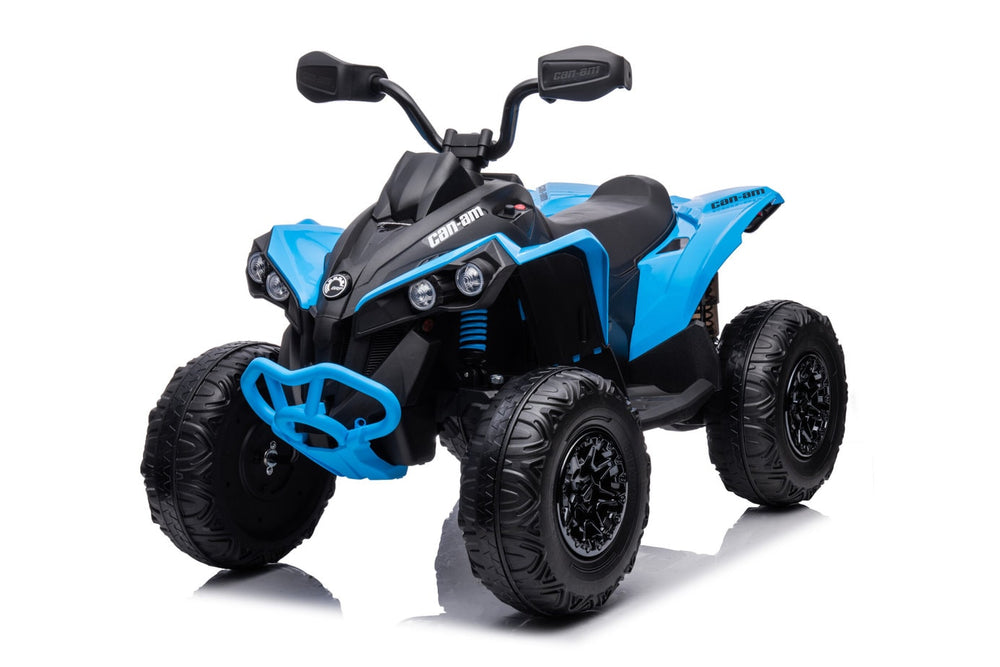 24V kids electric ride on ATV Maverick Can Am Quad in blue color with durable wheels for outdoor adventures.