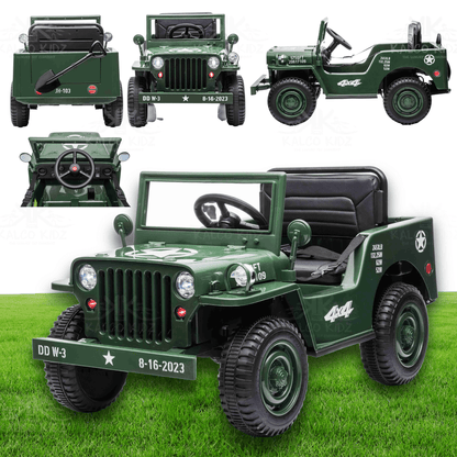 kids ride on army jeep 12v featuring classic military design in dark green with modern safety features.
