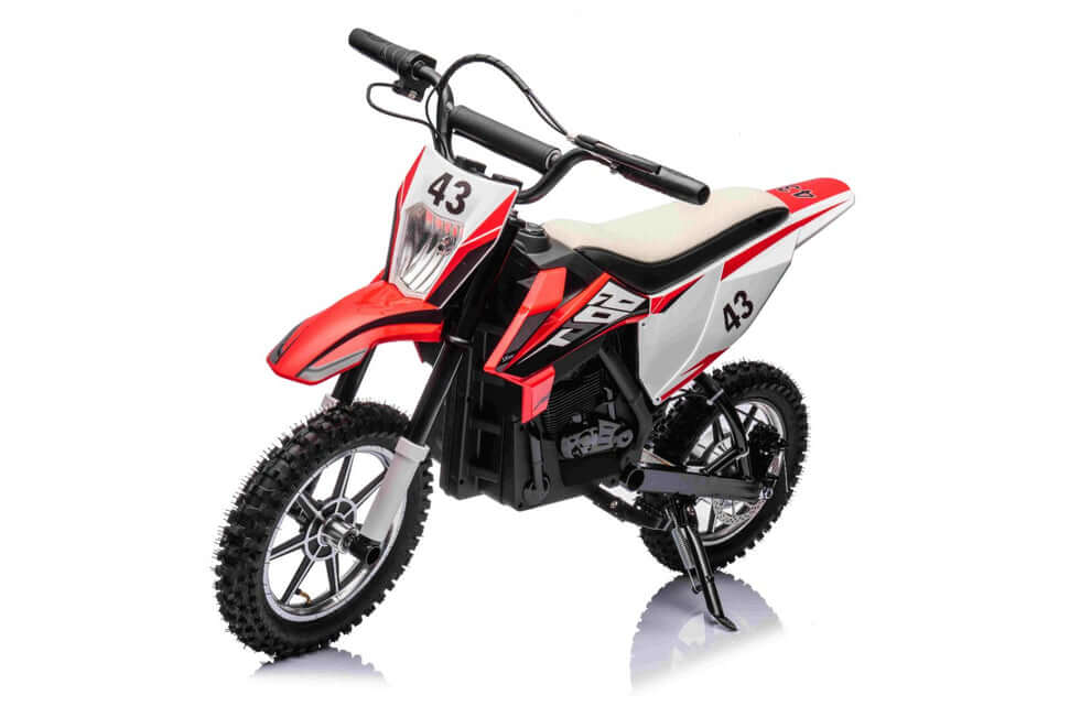 36v 500W kids electric motorbike in red and black design, featuring rubber tyres and twist throttle.
