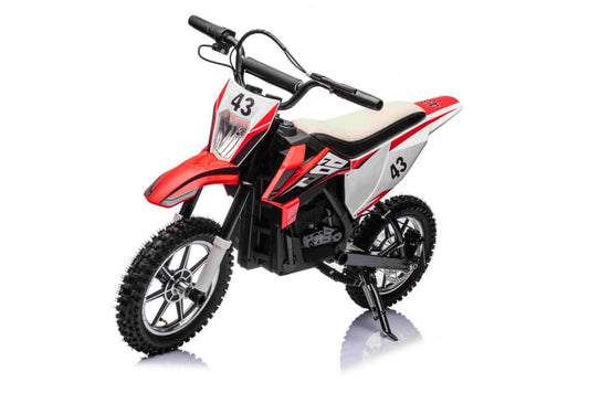 36v 500W kids electric motorbike in red and black design, featuring rubber tyres and twist throttle.