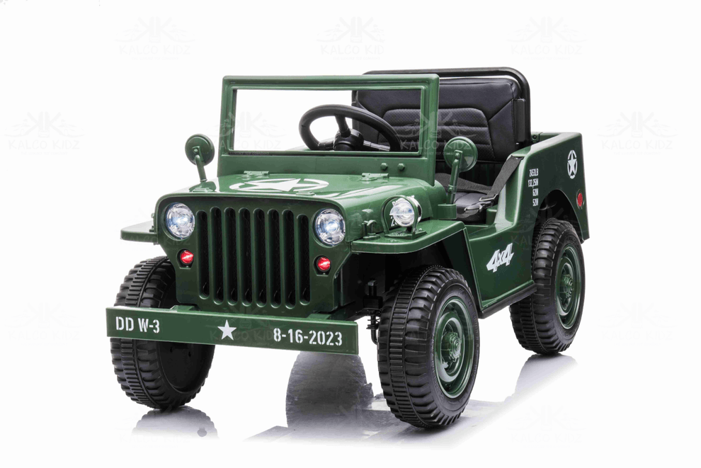 kids ride on army jeep 12v in dark green, classic military style with modern safety features for young adventurers.