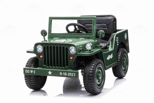kids ride on army jeep 12v in dark green, classic military style with modern safety features for young adventurers.